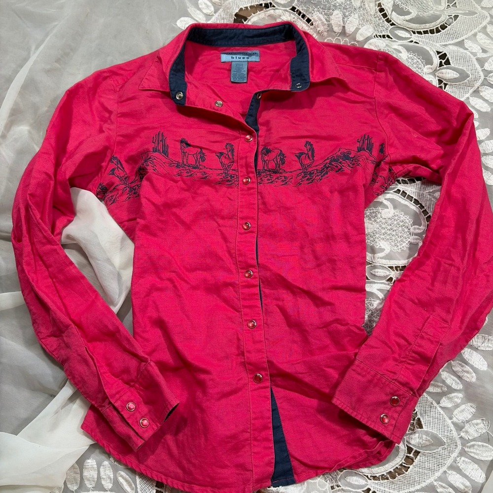 Wrangler Blues Pink Western Horse Graphic Button Down Shirt Small